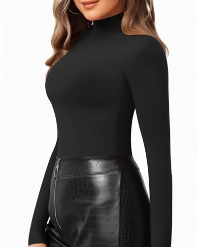 MANGOPOP Women's Slim Fit Mock Turtle Neck Long Sleeve T-Shirt