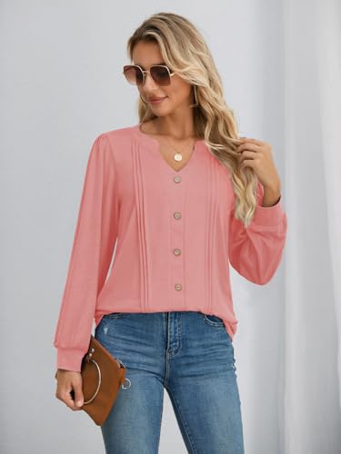 Women's Long Sleeve V-Neck Button Tunic Blouses