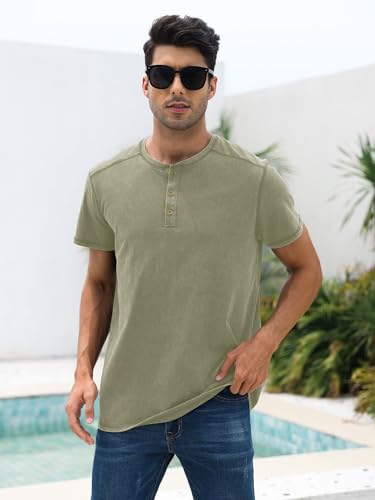 Army Green Distressed Henley Shirt for Men, X-Large