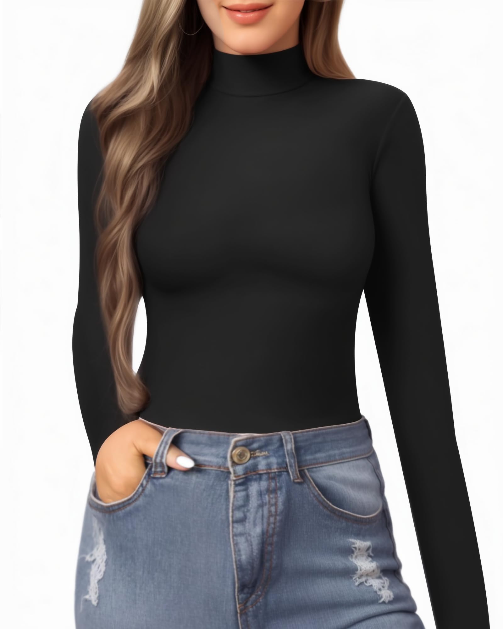 MANGOPOP Women's Slim Fit Mock Turtle Neck Long Sleeve T-Shirt