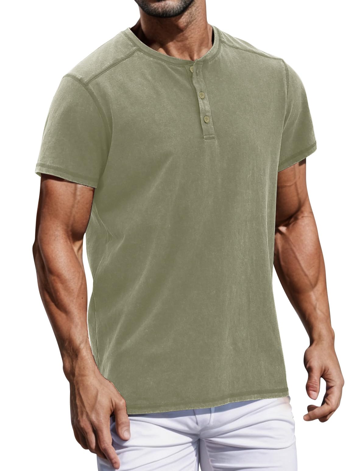 Army Green Distressed Henley Shirt for Men, X-Large