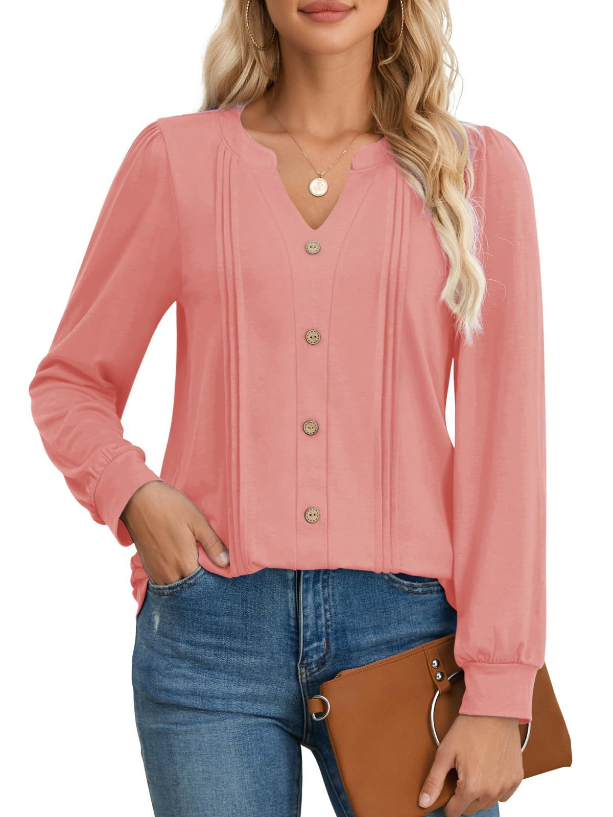 Women's Long Sleeve V-Neck Button Tunic Blouses